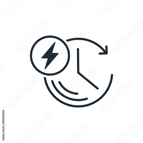 Clock with lightning, energy. Time to act. Vector linear icon illustration isolated on white background.