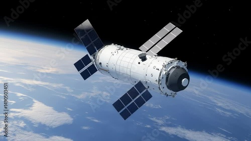 Wallpaper Mural The satellite rotates in space against the backdrop of planet Earth, demonstrating modern space technologies and scientific achievements Torontodigital.ca