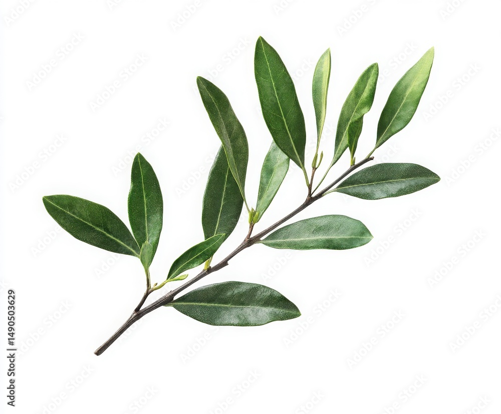 Fototapeta premium Green Branch With Lush Leaves On White Background