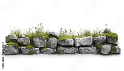 Grey Stone Wall With Green Moss And Wild Plants On White Backgrounds Keywords stone wall, rock wall,grey stones,green moss, wild plants, weathered stones, natural stone, rockery, garden wall,stone