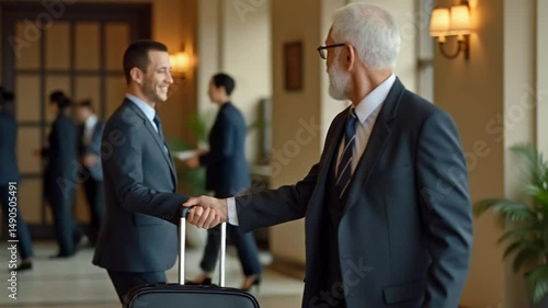 Vertical Video Senior guest arriving at hotel with room reservation, bellboy offering luxury concierge services and carrying luggage for client. Receptionist doing check in process with traveller at