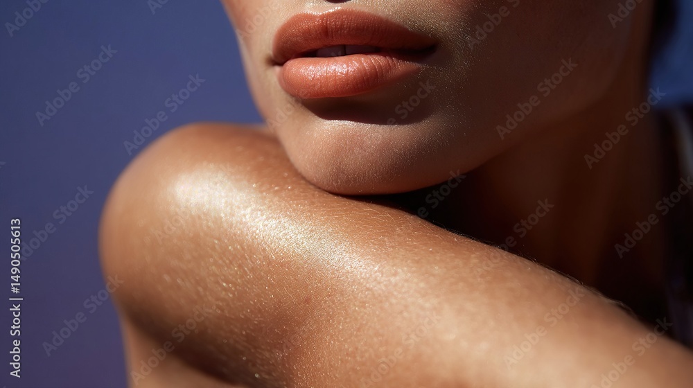 Close-up of glowing skin and neutral lipstick, showcasing beauty and skincare in a minimalist composition. Close-up of glowing skin and neutral lipstick, showcasing beauty and skincare in a minimalist composition.