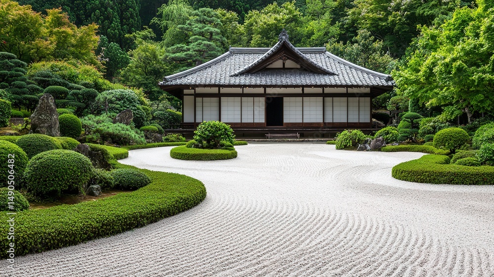 A traditional Japanese house surrounded by a serene Zen garden with raked gravel and manicured greenery. A traditional Japanese house surrounded by a serene Zen garden with raked gravel and manicured greenery.