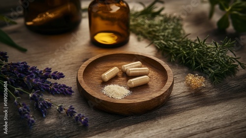 Herbal Capsules and Herbs on Wooden Surface