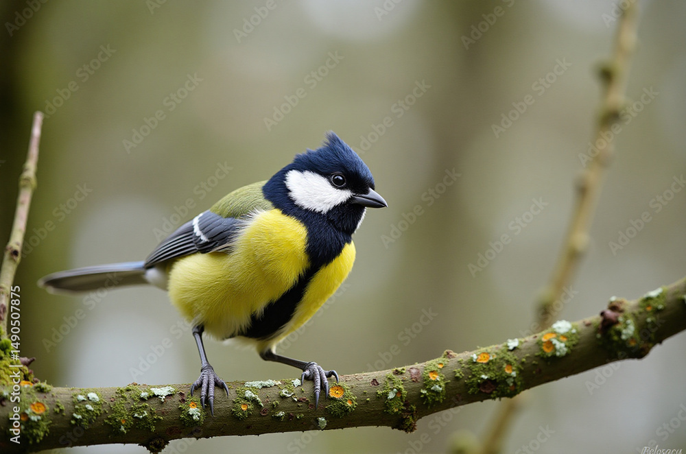 Fototapeta premium Great tit perched on a tree branch with a blurred background.