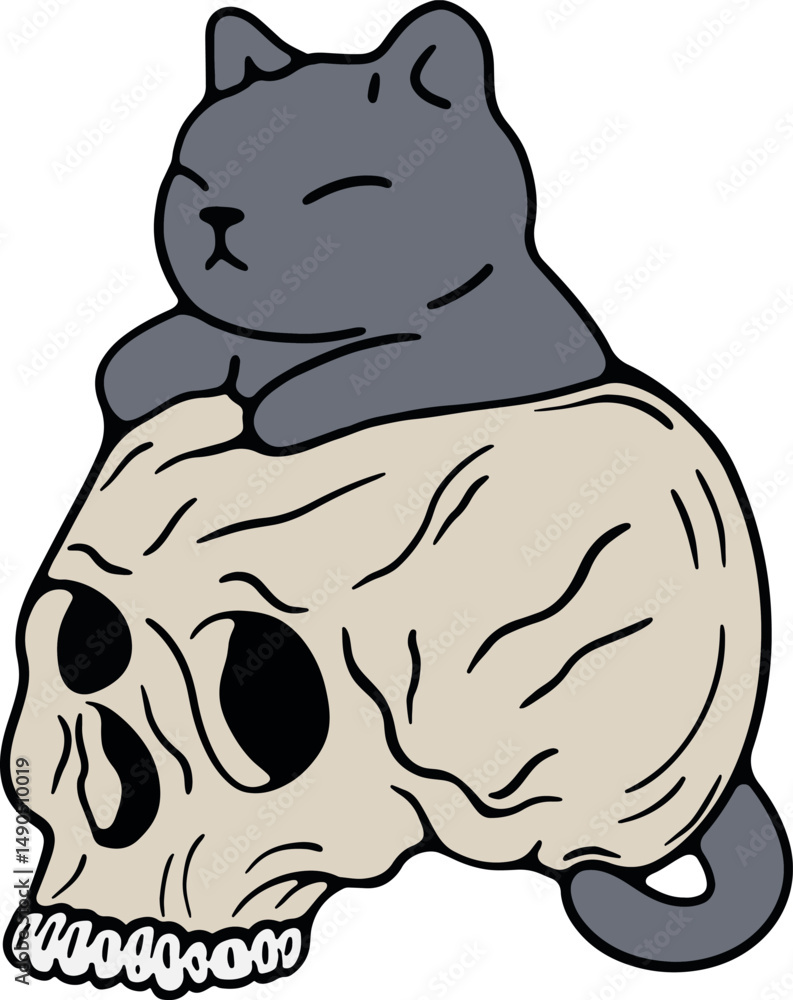 Fototapeta premium Cute cat hugging skull head