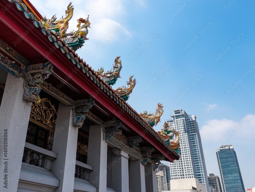 Naklejka premium Traditional architecture meets modern skyscrapers urban landscape juxtaposition