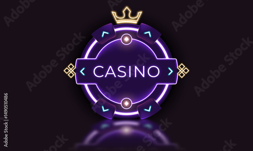 Neon casino chip with glowing elements, crown, and central text, ideal for UI components, gambling illustrations, or luxury poker-themed branding