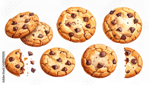 Chocolate chip cookie set with whole and broken pieces, watercolor illustration with warm and inviting look, perfect for bakery or dessert themes