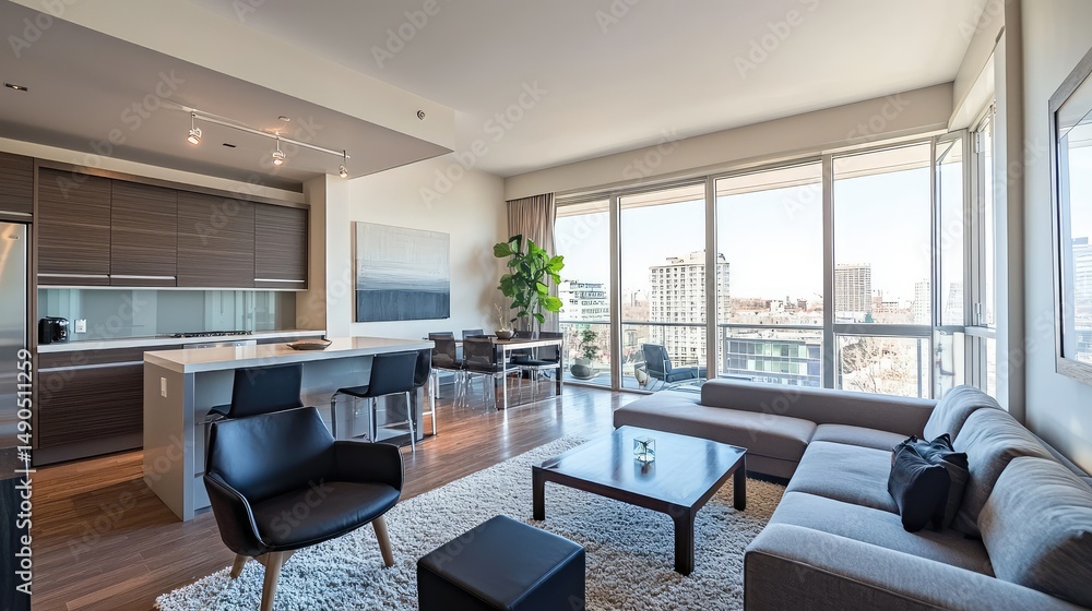 Fototapeta premium sleek and airy open-concept living space, with modern minimalist furniture, a neutral color palette, and abundant natural light flooding the room.