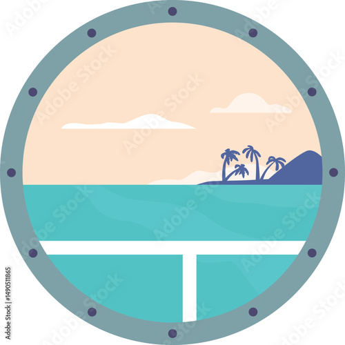 Ship porthole with marine landscape
