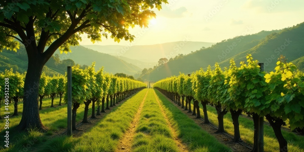 Fototapeta premium Serene Vineyard Rows at Golden Hour Lush Green Vines Basking in Sunlight, a Picturesque Pastoral Scene of Tranquility and Natural Beauty