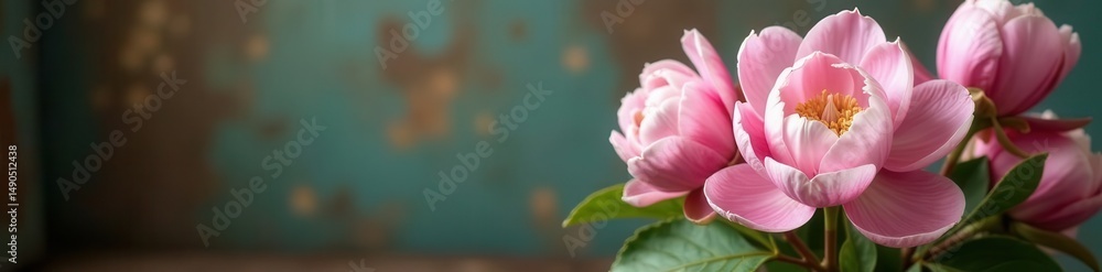 Fototapeta premium Soft light, vintage-toned peony & magnolia arrangement Rustic backdrop , spring, white, nature