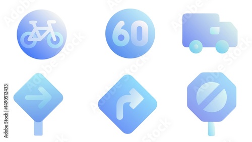 Road sign, no passing, bicycle, 60 speed limit, turning, truck dimensions. 3d illustration about rules for automobile drivers