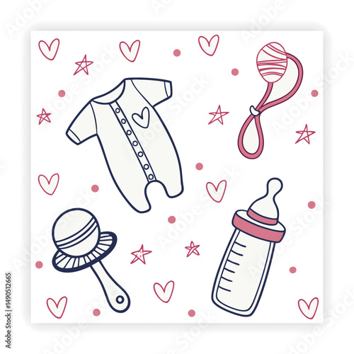 Playful Kids Doodles Baby Icons, Toys, and Scribbles