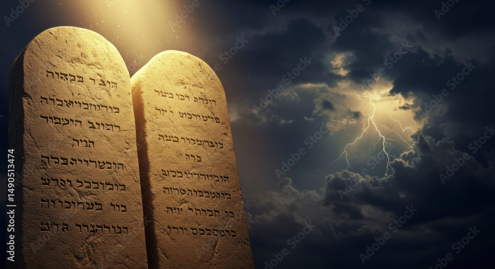 Fototapeta premium Two stone tablets with ancient text, dramatic sky