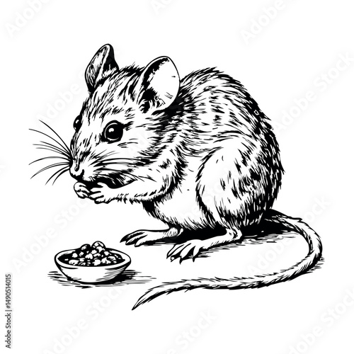 Ink sketch of mouse sniffing food on the ground