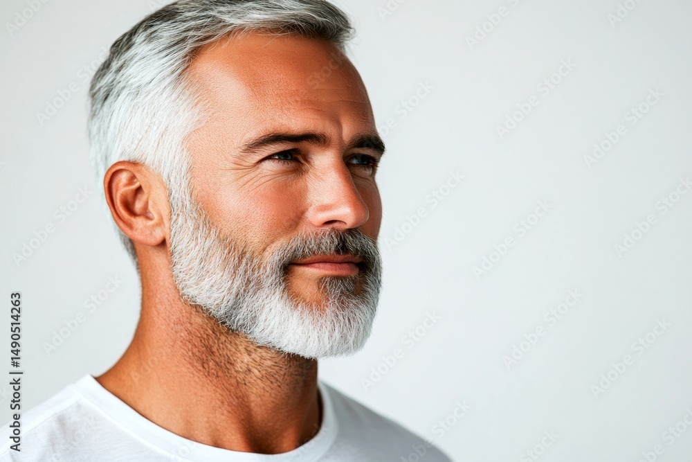 Fototapeta premium Pure white solid background. A cheerful and poised gentleman standing elegantly. Creative of style for aging men. Fashionable men's short caesar haircut - midlife white man with hair.