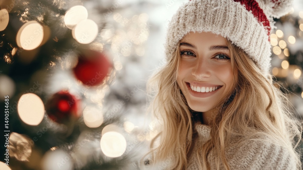 Smiling Woman in Knitted Hat with Christmas Tree Lights Background Smiling Woman in Knitted Hat with Christmas Tree Lights Background