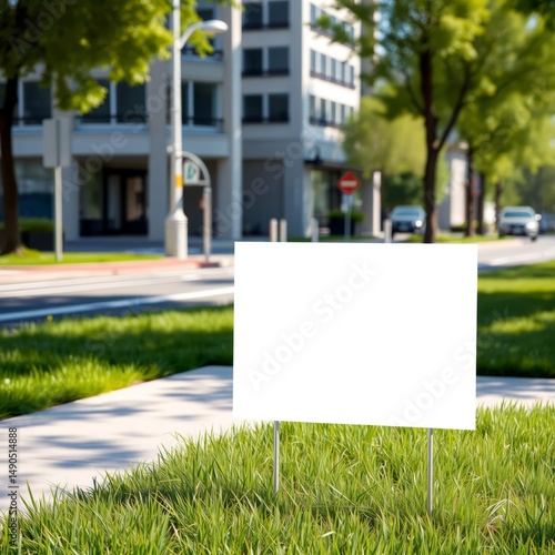 Yard sign mockup in the grass near the walking path on the city street background blank yard sign in green grass on sunny day billboard blank mockup display empty poster advertising