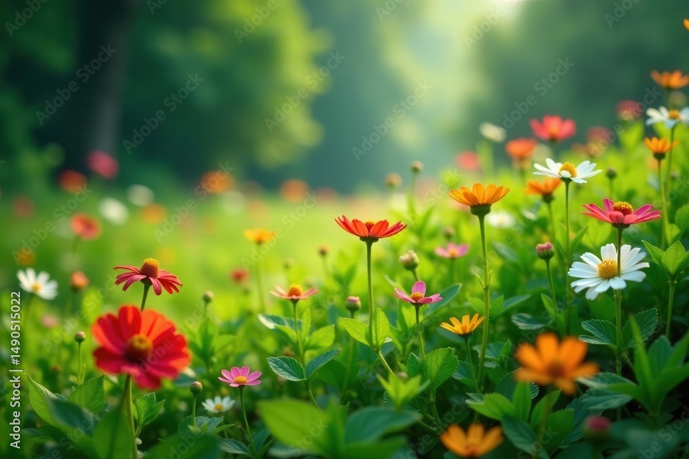 Fototapeta premium Wildflowers drenched by a summer downpour, vibrant green landscape , green, summer