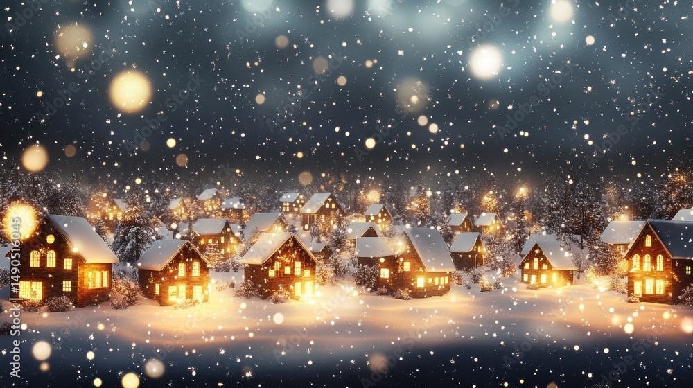 Fototapeta premium Winter scene of snow falling on a village with houses and trees covered in snow and lights shining from the windows on a dark night with bokeh effect.