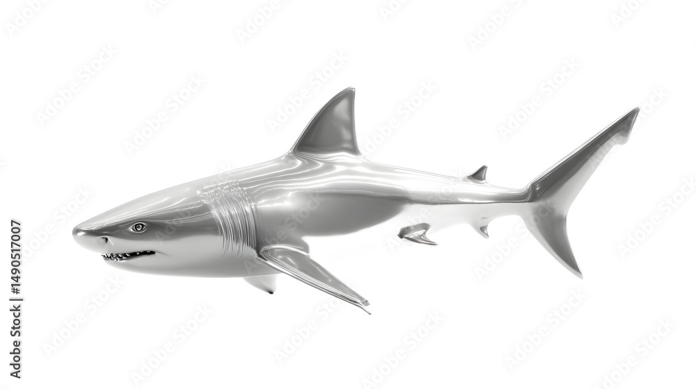 Fototapeta premium A sleek, silver shark figurine showcasing dynamic detailing and a glossy finish, representing marine creativity and design.