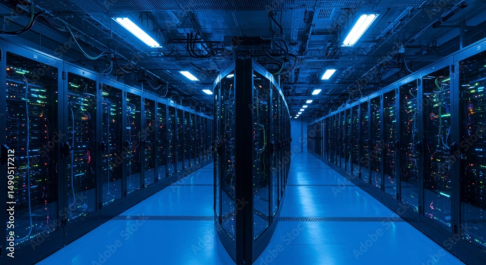 Fototapeta premium Server room, rows of black server racks