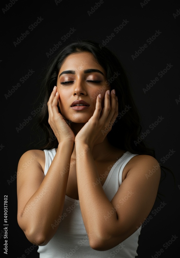 Portrait of beautiful woman with closed eyes touching face skin skincare model Portrait of beautiful woman with closed eyes touching face skin skincare model