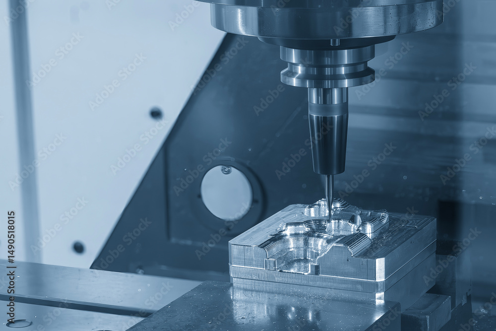 The CNC milling machine finish cut the mold parts by solid ball nose end mill tool in the light blue scene. The CNC milling machine finish cut the mold parts by solid ball nose end mill tool in the light blue scene.