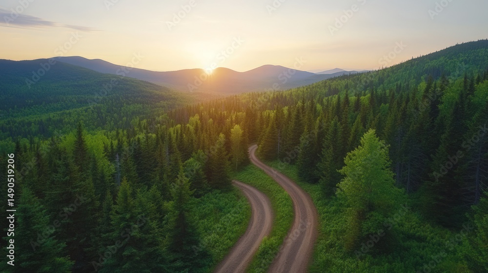 Obraz premium Winding path through forest aerial view at sunset in mountainous landscape