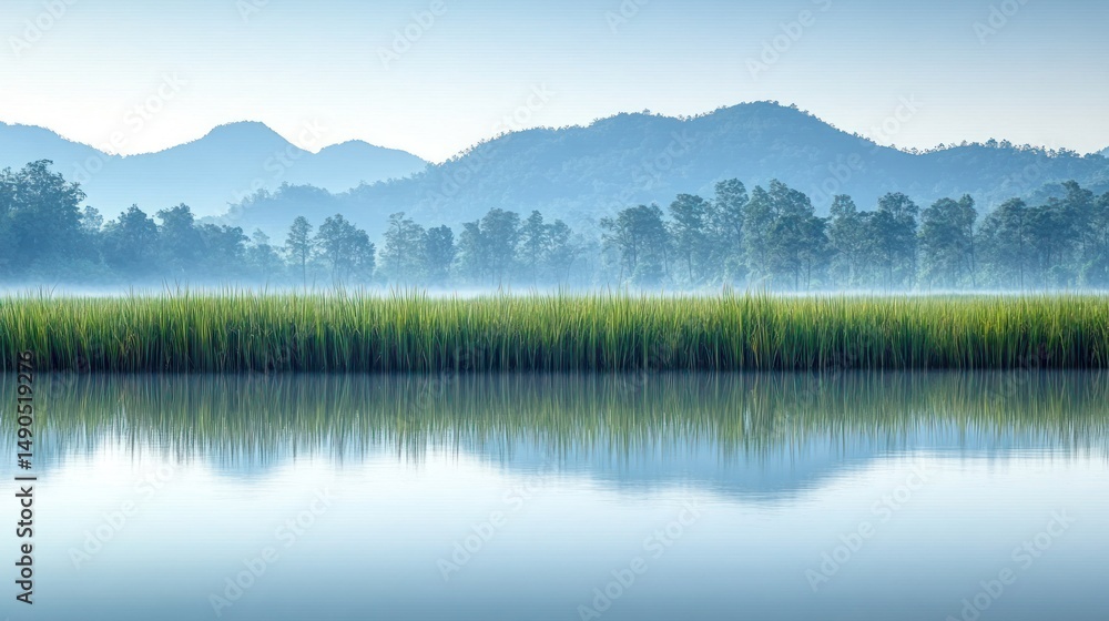 Fototapeta premium Misty morning at the riverbank