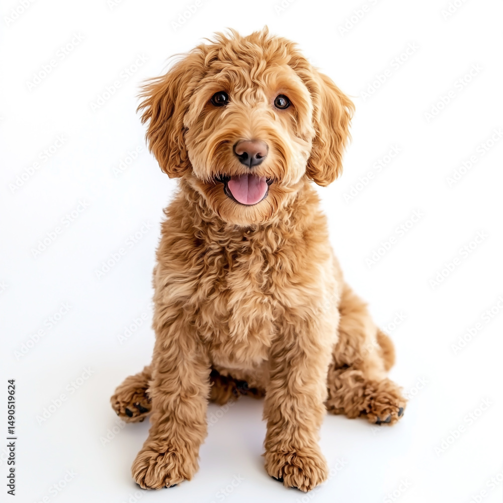 Fototapeta premium A cute goldendoodle puppy sitting on a white background looking at the camera