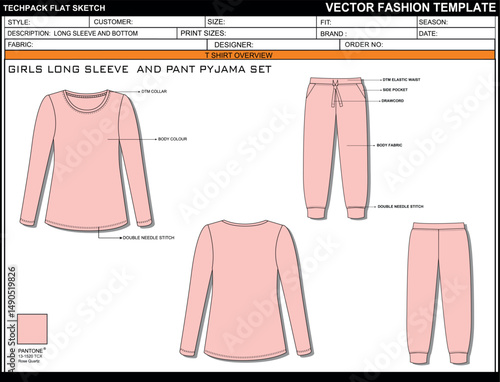 GIRLS LONG SLEEVE  AND PANT PYJAMA SET CAD EDITABLE FLAT TECHKNICAL FASHION SKETCH VECTOR