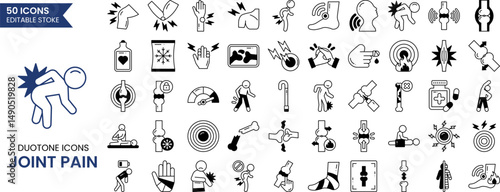 Joint Pain icon set in duotone style. Human joints, knees, hands, pain in limbs and more. Vector illustration