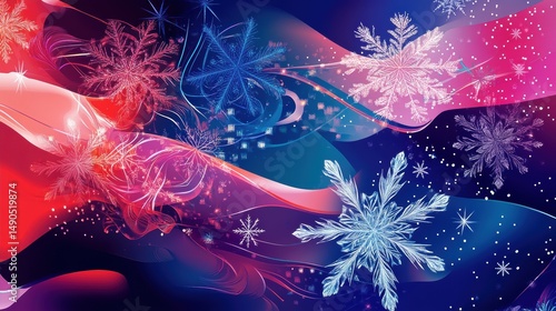 Festive winter background with snowflakes, stars, and wavy lines in red, blue, and pink hues. A decorative design conveying a seasonal theme for holiday related content.