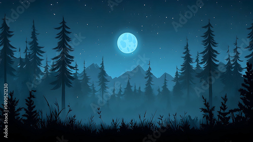 Fototapeta Naklejka Na Ścianę i Meble -  Night forest landscape with full moon dark trees and mountains
