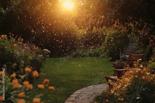 Enchanting garden with golden evening light.