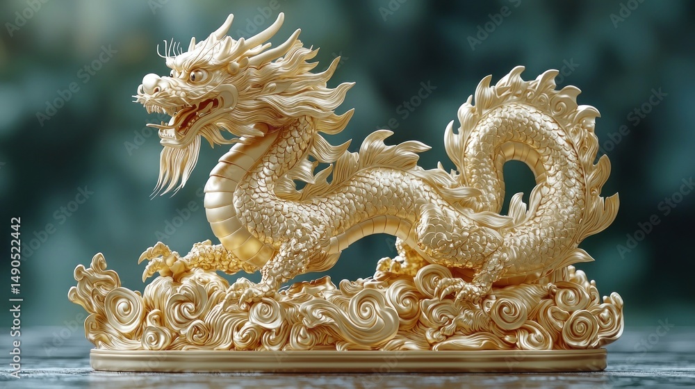Fototapeta premium Golden dragon figurine on clouds