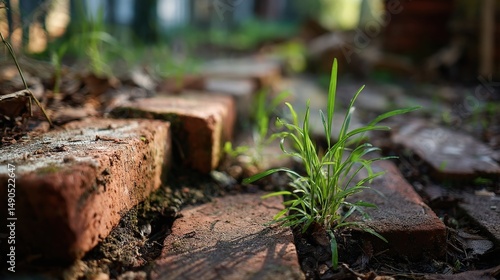 Wild grass emerges through aging garden bricks old garden nature photography overgrown environment close-up resilience
