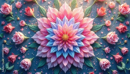 Symmetrical floral mandala, soft pastel tones, ethereal feel, summer, balance