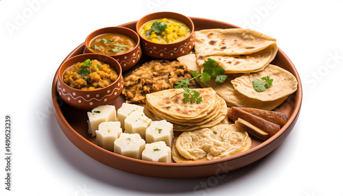 Gujarati thali with dhokla, thepla, and khichdi