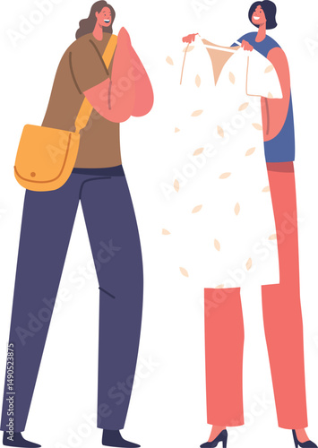Saleswoman offering dress to customer
