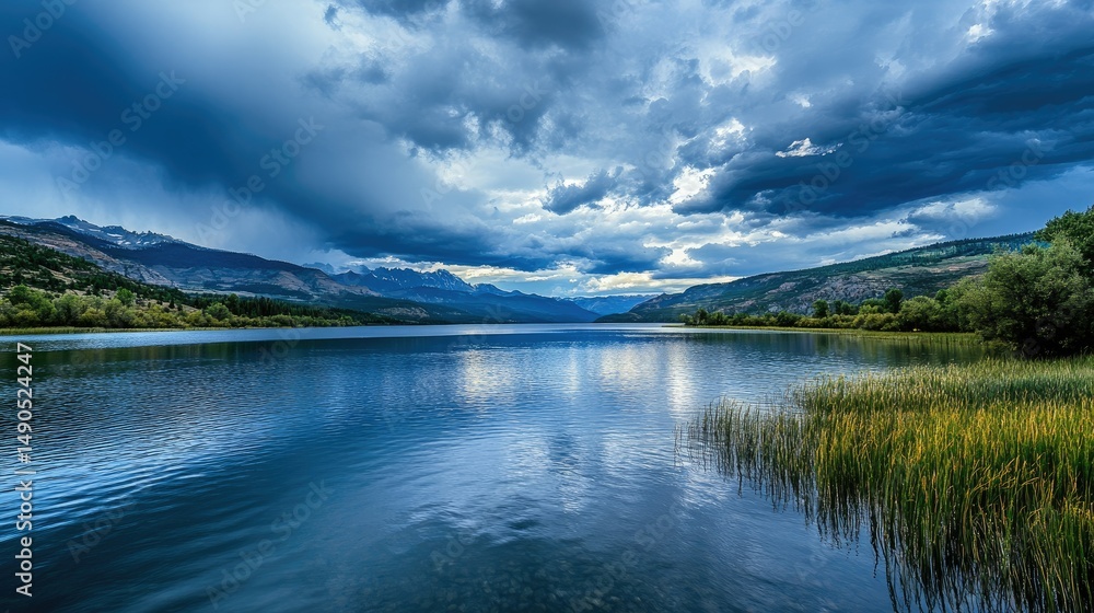 Quiet lake view, atmosphere washed clean by storm retreat Quiet lake view, atmosphere washed clean by storm retreat