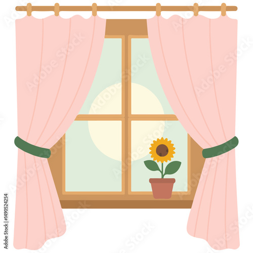 Snug window with curtains doodle isolated vector illustration
