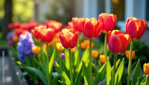 Vibrant tulips & hyacinths bloom in spring balcony garden , window box, growing flowers, apartment