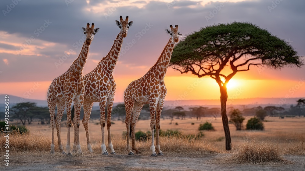 Obraz premium Giraffes at sunset in savanna