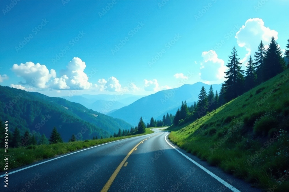 Asphalt road winding through a mountain range under a vibrant blue sky with fluffy clouds, offering a scenic drive and breathtaking views Asphalt road winding through a mountain range under a vibrant blue sky with fluffy clouds, offering a scenic drive and breathtaking views