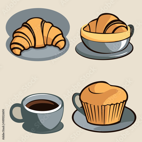Traditional breakfast served with fresh croissants, buns, and artisan bread in bakery style