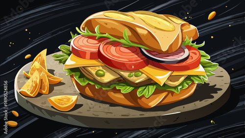 Sandwich with Crispy Potato Slices on Black Marble – Close-Up Gourmet Food Photography